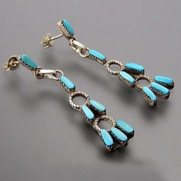 SOLD Boho String Blue & Silver Tone Beaded Stud Earrings - Picture 4 of 7
